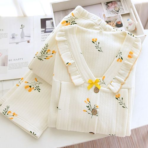 月子喂奶服春秋纯棉产后哺乳孕妇冬季长袖空气棉大码夹棉保暖睡衣