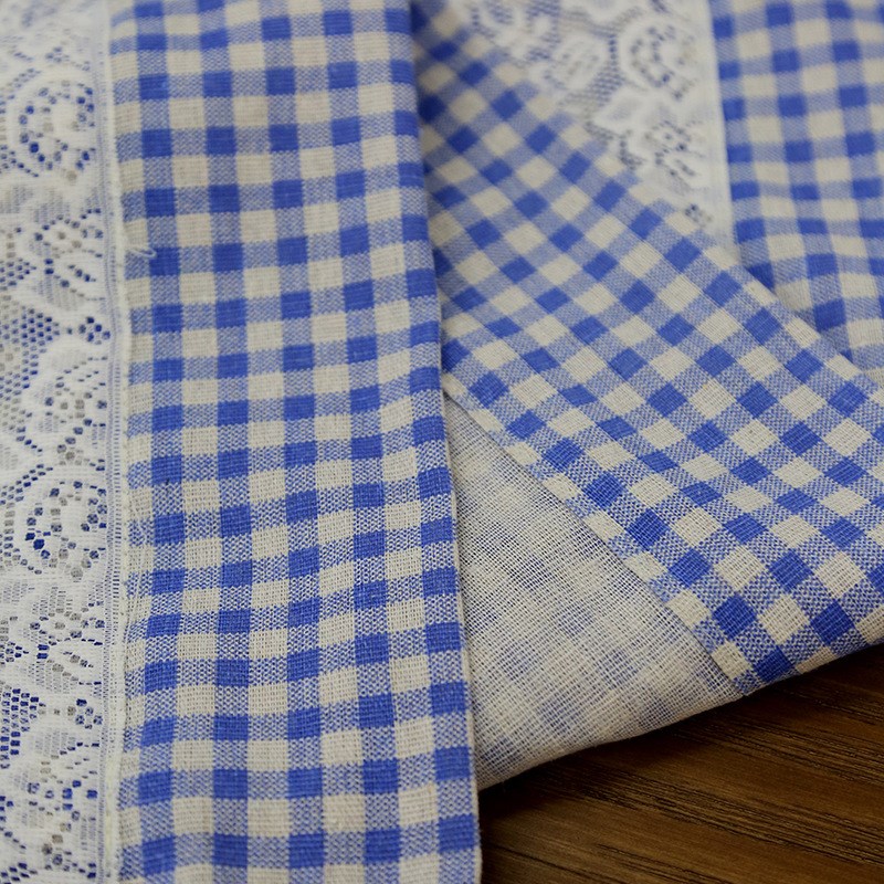 外贸北欧小清新格子咖啡帘穿杆小窗帘成品蕾丝短帘门帘半帘