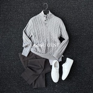 冬季加厚半高领麻花针织毛衣男士时尚扭花老钱风羊毛打底衫上衣