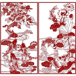 鲤鱼四条屏剪纸底稿图案四张中国风窗花手工纸雕图样黑白打印底稿