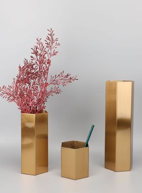 新中式现代金属金色几何形花器摆件样板房客厅茶几会所家居饰品