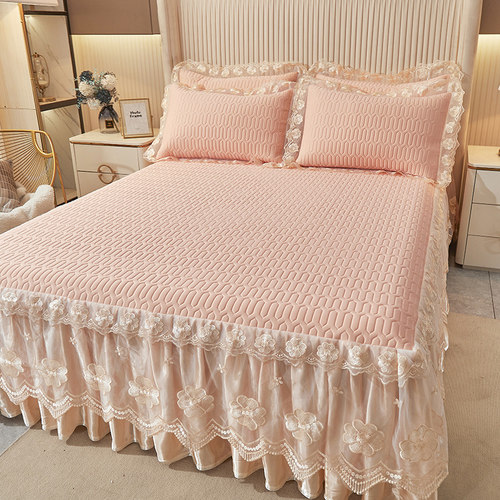 冰丝席床裙款夏季天乳胶凉席三件套可水洗绗缝床罩蕾丝花边公主风