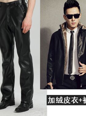 骑行摩托车外卖男士皮衣皮裤套装男加厚加绒一套机车冬季保暖休闲