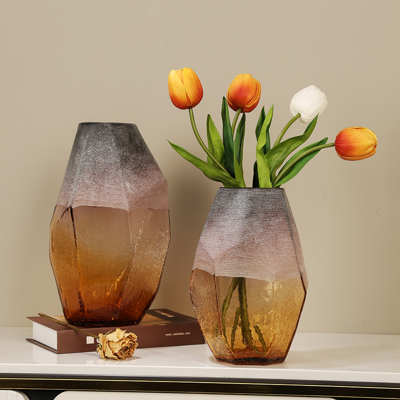 雾面磨砂冰裂纹玻璃花瓶摆件现代琉璃花器复古插花客厅干花装饰品