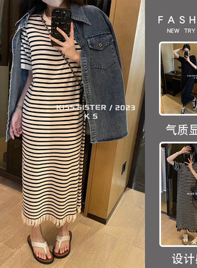 哺乳连衣裙夏季慵懒风条纹针织t恤裙产后外出辣妈款喂奶衣服女装