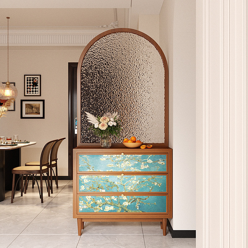 法式复古实木水纹玻璃入户门屏风隔断客厅鞋柜玄关柜美式家用遮挡