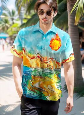 新款夏威夷花衬衫经典海水印花男式潮流衬衣沙滩度假风短袖衬衣