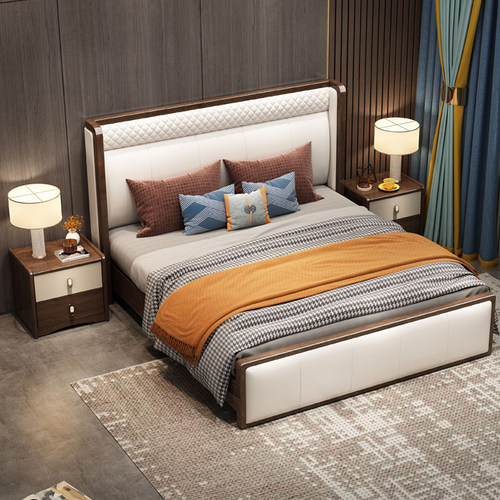 新中式乌丝檀木实木床1.8米轻奢双人床1.5米储物床简约现代真皮床