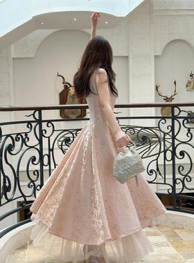 Good Job【金粉世家】法式粉色镶钻提花网纱连衣裙女生日出片礼服