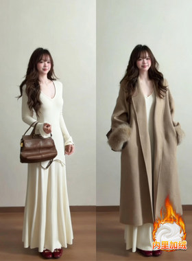 大衣内搭白色针织连衣裙女秋冬季修身长款打底加绒伯克利裙子早春