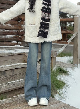 复古蓝微喇牛仔裤女秋冬加绒大码胖mm高腰显瘦不贴腿弹力喇叭裤子