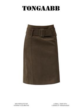 TONGAABB【现货】秋季新款显瘦麂皮腰带半裙女辣妹设计感中裙子