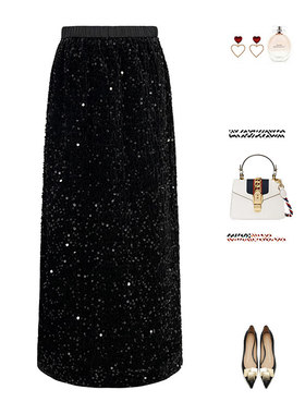 裙子2025新款女秋冬黑色直筒闪闪亮片半身裙小个半裙显瘦丝绒长裙