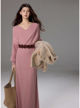贰羊设计【陌上花开】气质优雅收腰V领毛织连衣裙女修身针织长裙