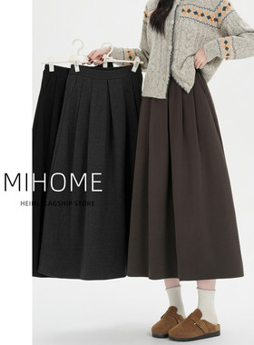 覆古咖色毛呢半身裙女秋冬季加厚高腰a字伞裙高级长款呢子百褶裙