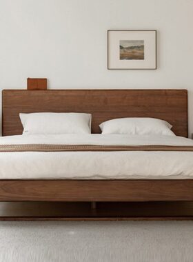 1.8m双人床轻奢床现代简约北欧橡木悬浮新黑胡桃主卧室实木床定制