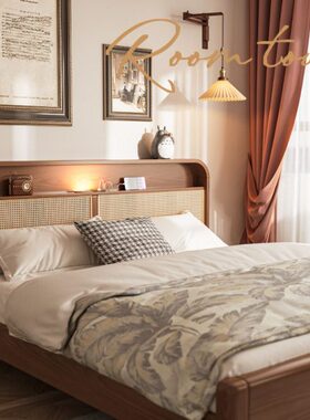 风现代简约中复古床实木古风1.8m双人床侘寂民宿藤编床主卧床北欧