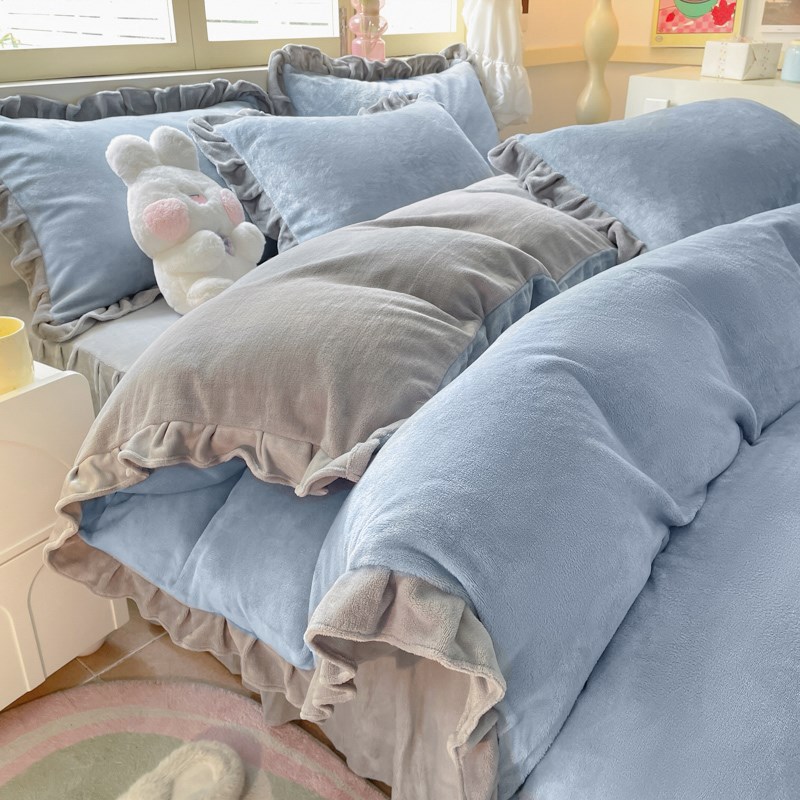 加厚牛奶珊c瑚绒床上四件套冬季法兰绒床品床裙加绒面床单被套三