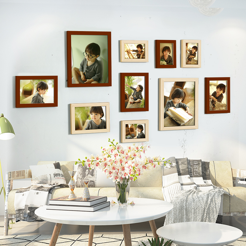 简约实木照片墙相片p墙相框挂墙客厅装饰创意组合免打孔洗照片