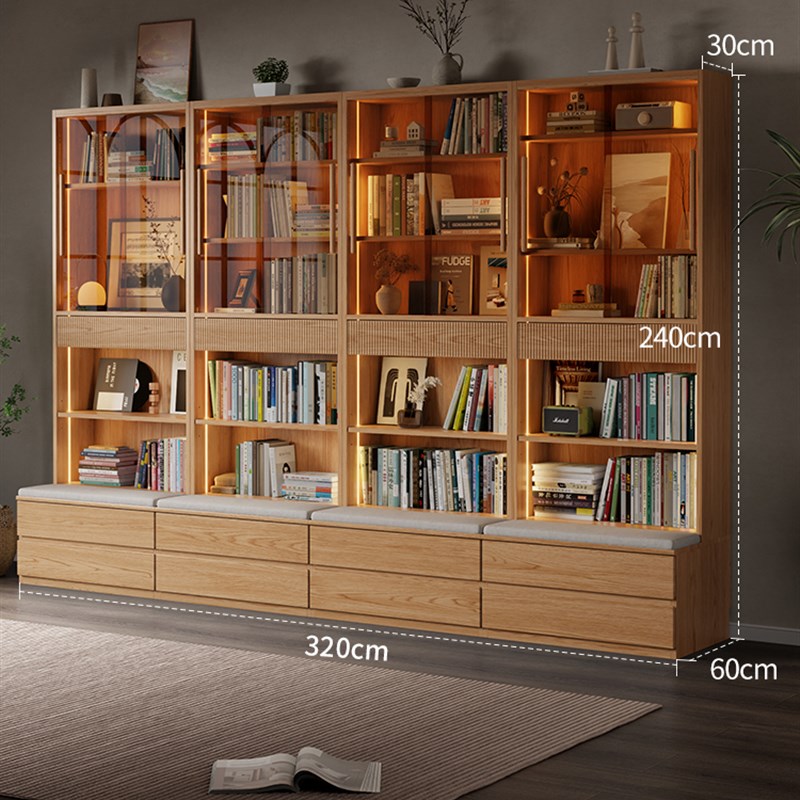 实木卡座书柜一体整墙组合带玻璃门书架展示柜客厅靠墙.书橱储物