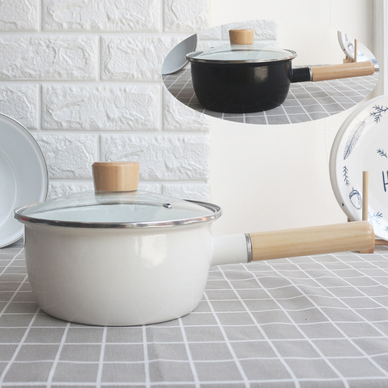 JUJU日式搪瓷锅20cm加厚单把汤锅2L平L底奶锅煮面锅带盖木头手柄