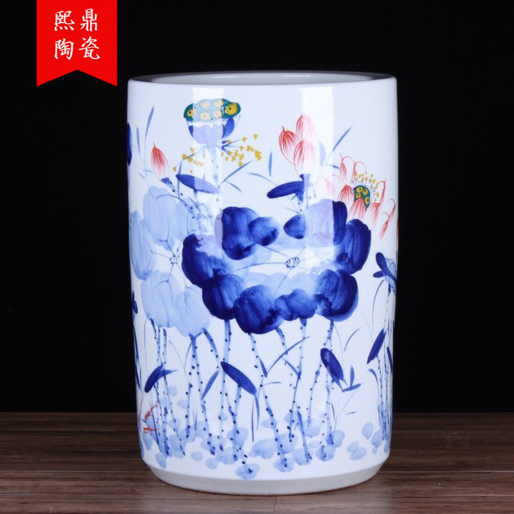 景德镇陶瓷书画筒手绘青花荷花陶瓷箭筒卷轴筒书房客厅装饰