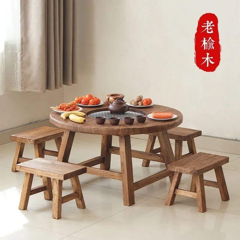 老榆木围炉茶桌小圆桌火锅煮茶桌几家用小茶台实木阳台碳桌木餐桌