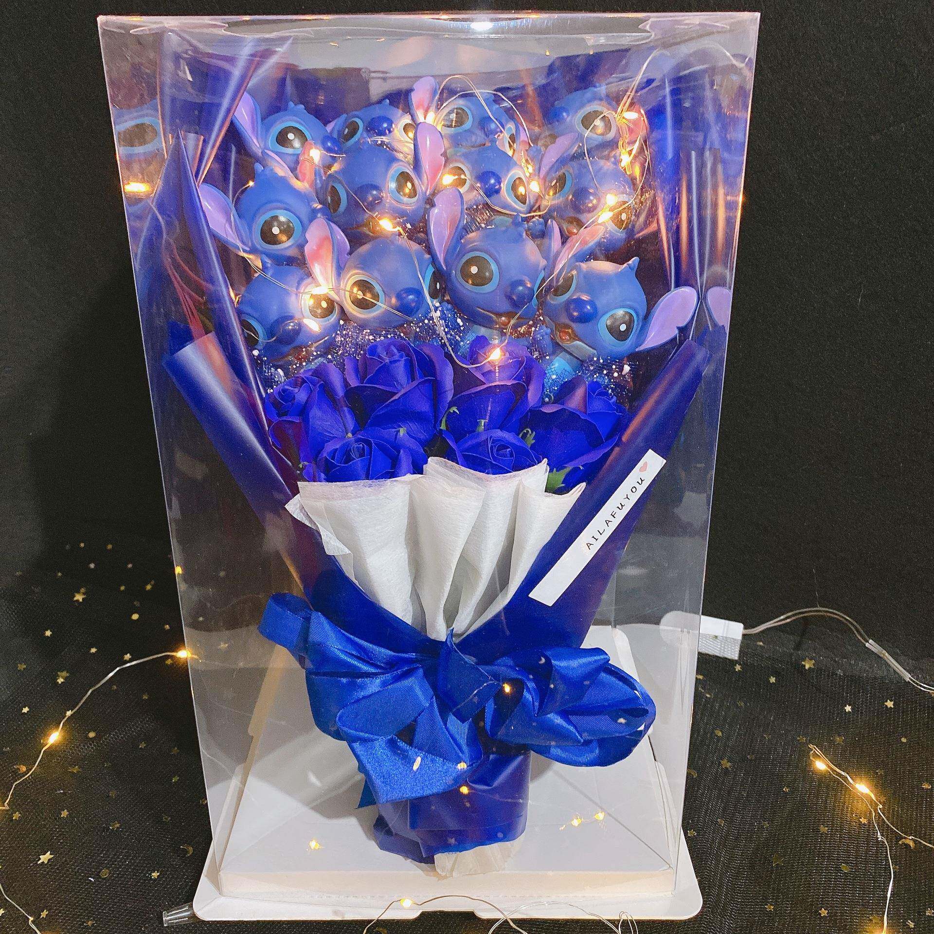 带花史迪仔花束 香皂花卡通公仔娃娃花束 送男女朋友创意生日礼物