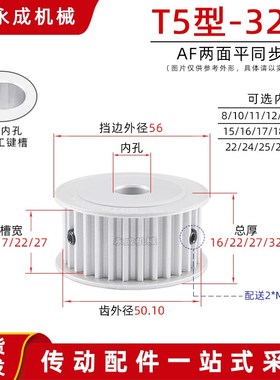 同步轮T5-32齿 AF型铝合金u同步带轮 槽宽11/17/22/27 内孔8-25