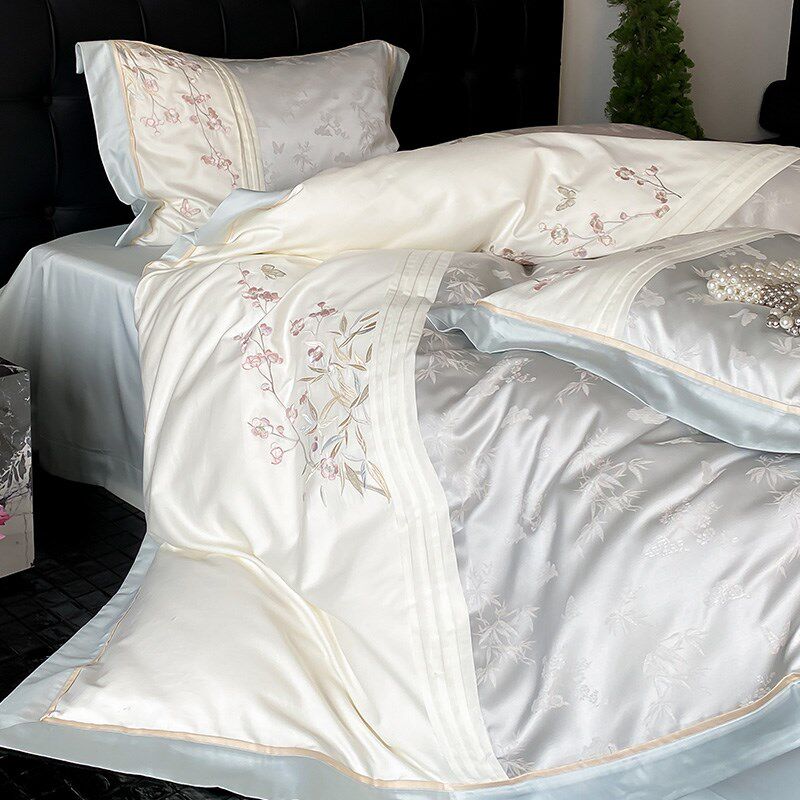 A类新中式100S长绒棉s全棉四件套高级感竹子提花刺绣被套床上用品