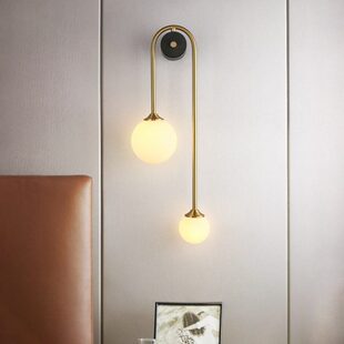 北欧全铜壁灯客厅电视背景墙卧室床头灯过道楼梯双头圆球魔豆墙灯