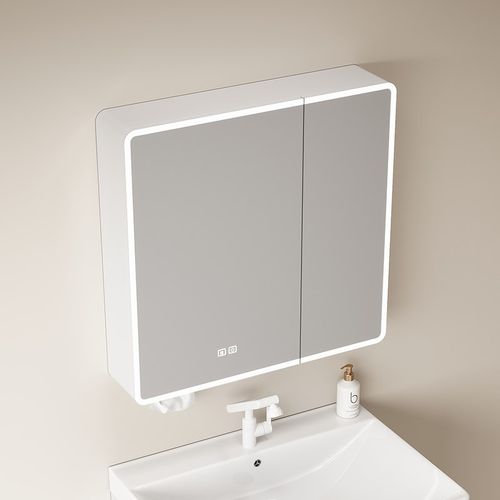 太空铝圆弧浴室镜柜卫生间智能带灯光镜子挂墙式美妆收.纳架储物