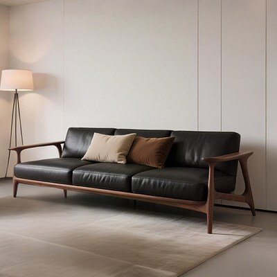 中古风实木沙发黑j胡桃木真皮轻奢别墅客厅直排三人位2025新款高