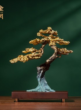 迎客松铜摆件新中式家居r客厅玄关电视柜博古架铜器装饰品乔迁摆