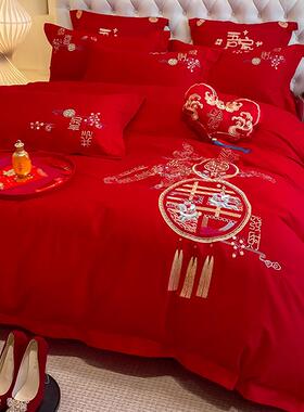 大红色100支长绒棉婚庆四件套结婚床陪嫁龙凤刺绣纯棉六件套轻奢