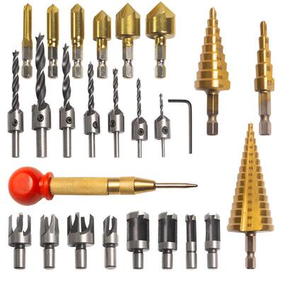 23件/26件套五刃倒角器木塞钻木工钻冲阶梯钻金色冲子宝塔钻L扳手