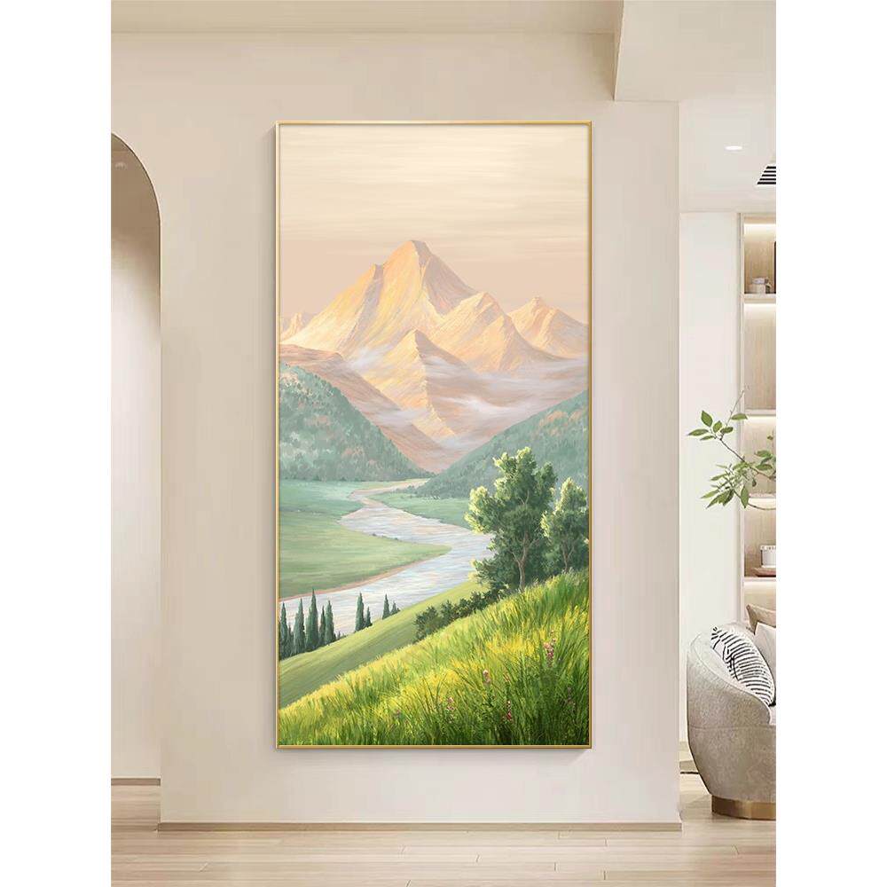 玄关装饰画走廊过道风景画日照金山挂画山水画入户手绘油画墙壁画