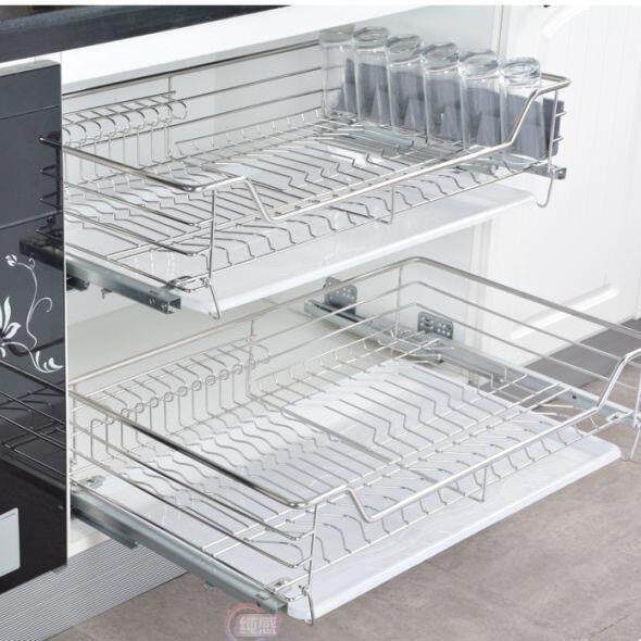 304不锈钢厨房橱柜抽屉式实心拉篮实用碗碟篮双层缓冲阻尼轨道
