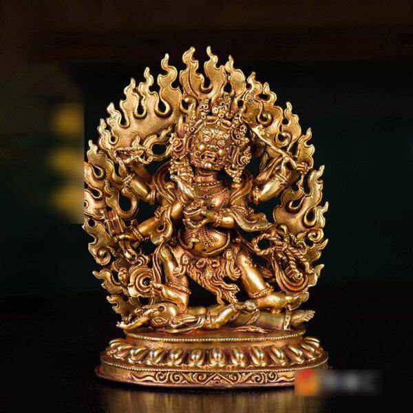 六臂玛哈嘎拉摆件 尼泊尔铜全鎏金雕花5寸大黑天财神居家摆件