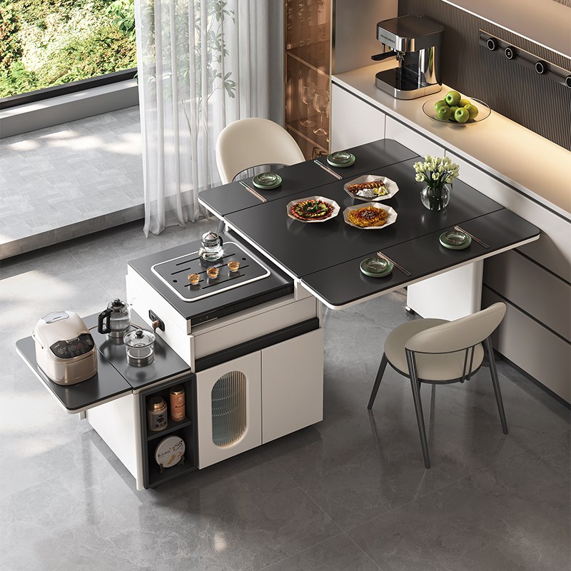 折叠伸缩移动小户型m饭桌岩板餐桌茶桌两用家用岛台轻奢餐桌椅组