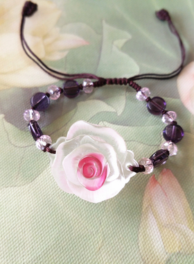 古法琉璃甜美花j朵时尚潮流学生情侣手链玫瑰之恋粉红饰品送女友