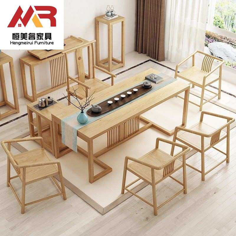 原木色茶桌椅组合一桌五椅办公家用泡茶几新中式实木茶台套装一体