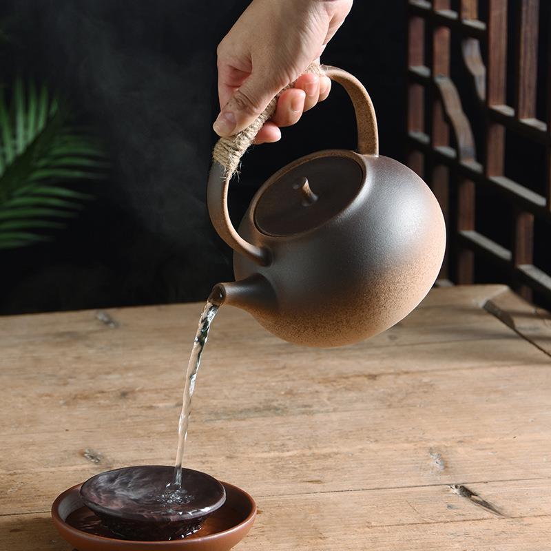 H复古陶瓷烧水壶围炉煮茶壶电陶炉养生壶单壶明火碳炉户外粗陶壶Y