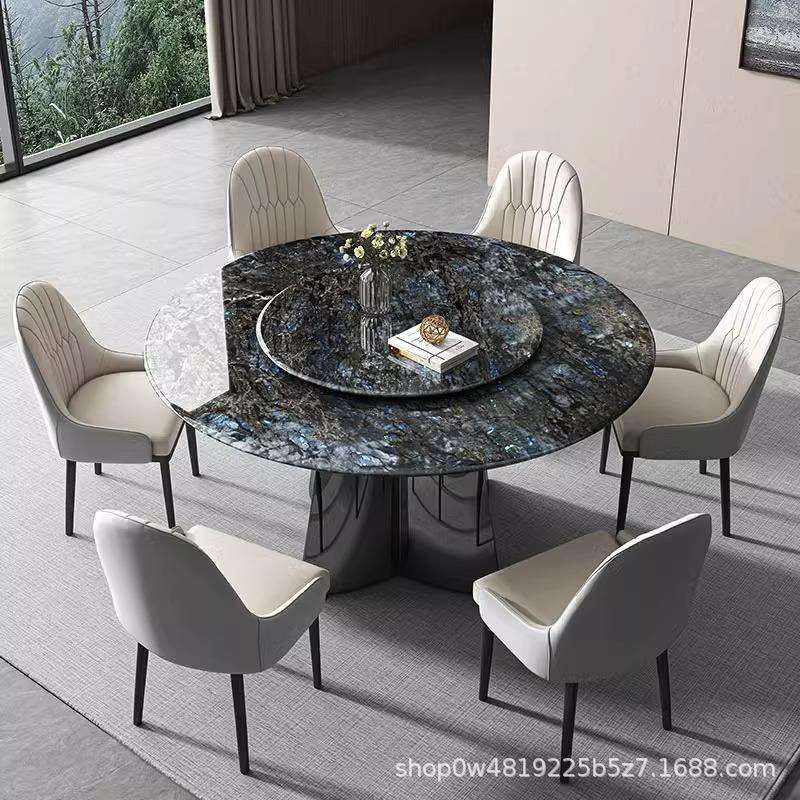 天然大理石圆餐桌奢石现代轻奢客厅高端蓝翡翠微晶石超晶石餐桌椅