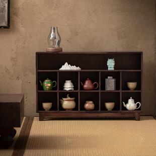 中式实木桌面多宝阁收纳盒茶杯置物博古架茶具挂墙黑胡桃木展示柜