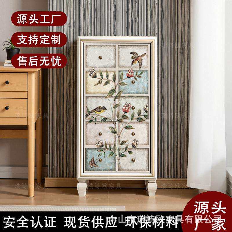 美式田园风格实木斗柜艺术彩绘多抽屉分类储物柜卧室收纳柜五斗柜