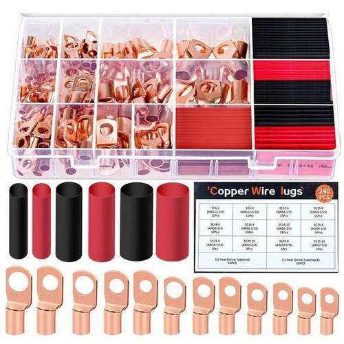 跨境240pcs窥口铜管端子SC端子110PCS+130PCS铜鼻子热缩管金色