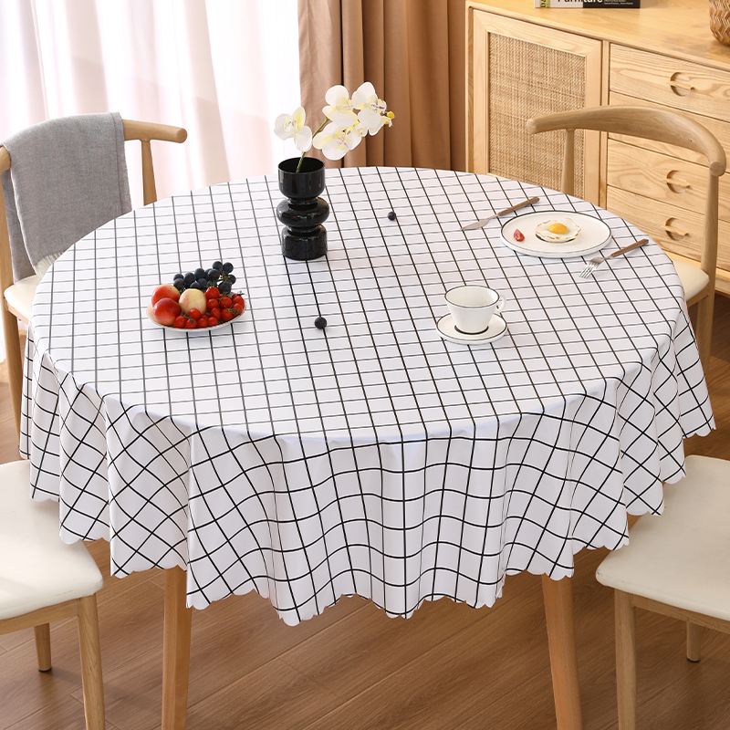 格子大圆桌圆形h餐桌桌布防水防油免洗防烫家用桌布2023新款小清