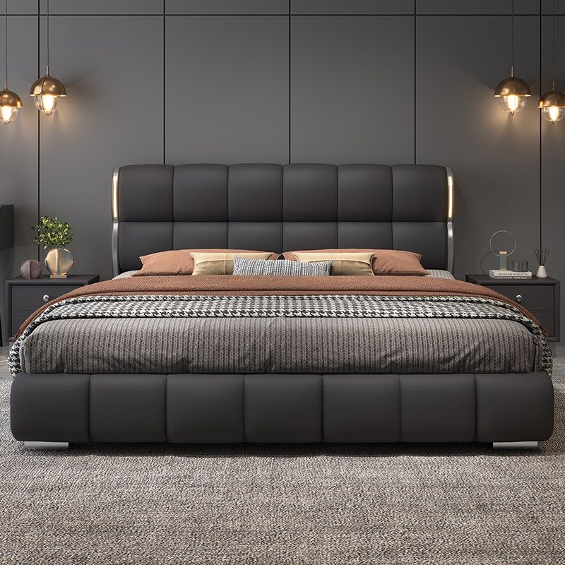 意式真皮泡芙床主卧2米2s米2双人床家用1.8米软包实木储物皮艺婚