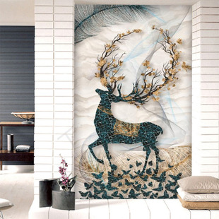 5d立体现代简约玄关壁纸羽毛走廊过道竖版 背景墙轻奢麋.鹿无缝墙